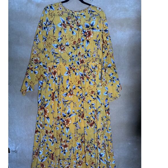 Indigo Rose Yellow Floral Maxi Dress Flutter Sleeve V Neck Wrap Belted XL - Picture 6 of 10